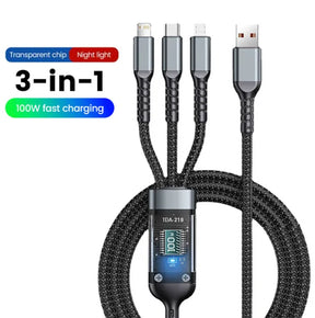 3-in-1 USB to Lightning, Type-C & Micro USB Cable, 100W Fast Charging, 1.2m with Digital Display