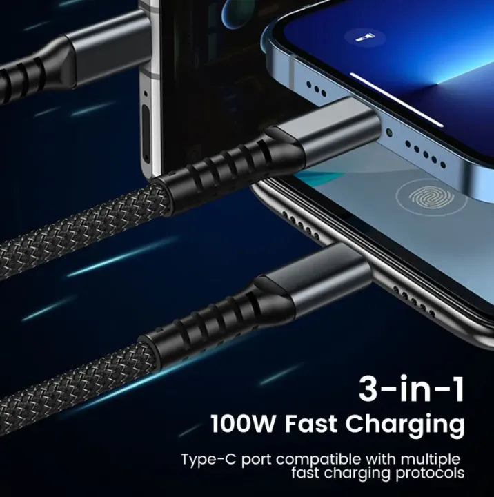 3-in-1 USB to Lightning, Type-C & Micro USB Cable, 100W Fast Charging, 1.2m with Digital Display